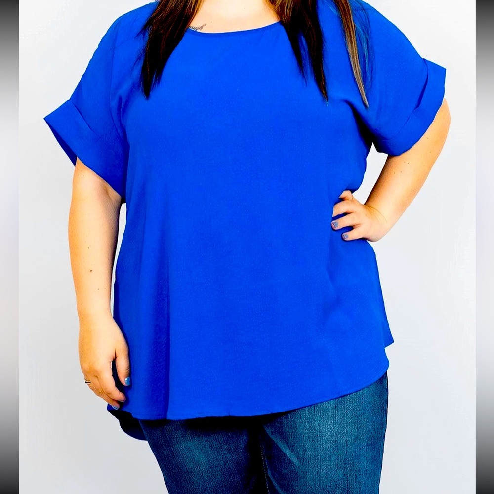 Entro Plus Size Royal Blue Scooped Neck Top with Rolled Sleeves 1XL